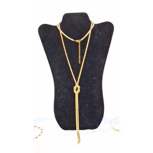 Gold Tone Rope Chain Lariat Necklace Extra Long Elegant Knotted Eveningwear